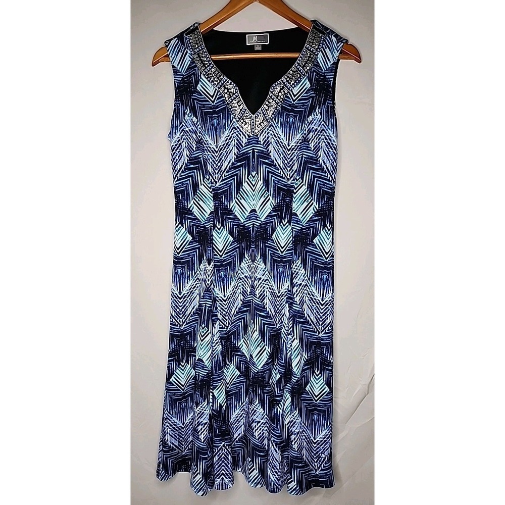 JM Womens Shift Dress Size S Sleeveless Blue Black Embellished Beads Sequins